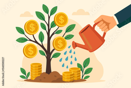 Financial growth and investment concept. Businessman hand watering a money tree with golden coins. Nurturing capital for profit, income, and revenue. Business success metaphor.