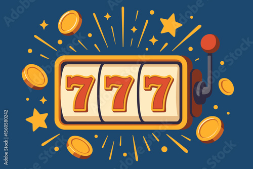 Slot machine jackpot with lucky 777 combination. Casino big win and prize concept. Gambling success celebration with gold coins. Modern flat cartoon vector illustration design.