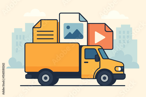 Digital delivery service concept. Yellow truck transports data files. Vector for file sharing, cloud storage, information transfer, content delivery network, media logistics.
