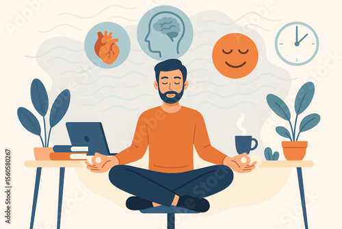 Man meditating at office desk during work break. Concept of mindfulness, relaxation, stress relief. Health benefits for mind, body, heart, and emotions. Work-life balance. Flat vector.