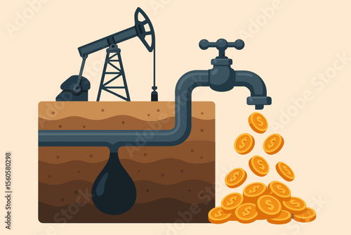 Oil and gas industry concept. Black gold metaphor with oil pump extracting petroleum. Pipeline faucet dripping gold dollar coins. Vector illustration of fuel energy profit and revenue.