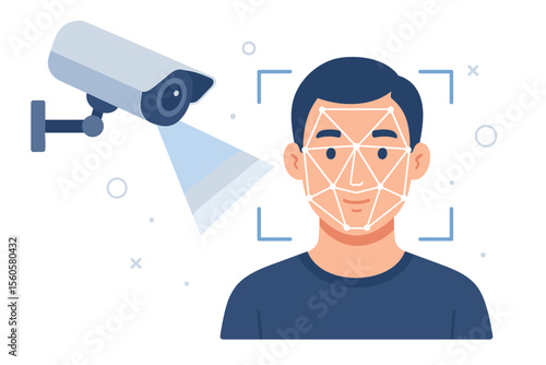 Face recognition technology concept. Facial identification system with security camera scanning a person's face. Biometric verification and AI. Modern video surveillance and CCTV control.