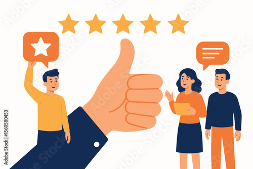 Customer review and feedback concept. People give a five star rating for satisfaction. Positive client opinion, survey and testimonial. Thumbs up for best service quality and user experience.