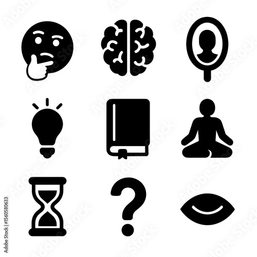 Introspection Icon Grid. Solid, filled icon set of introspection concepts: thinking face, brain, mirror, light bulb, journal,