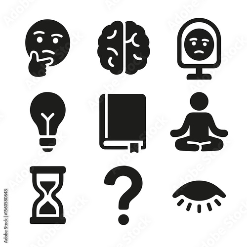 Introspection Icon Grid. Solid, filled icon set of introspection concepts: thinking face, brain, mirror, light bulb, journal,