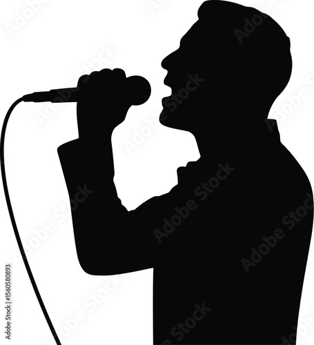 Singer silhouette performing with microphone vector illustration for music concert and show vocal arts event