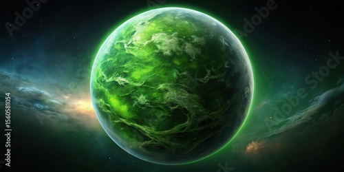 A Glowing Emerald Planet in a Dark Nebula, Surrounded by Cosmic Dust and Stars