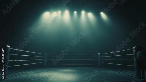 Empty boxing ring illuminated by spotlights in a dark arena.