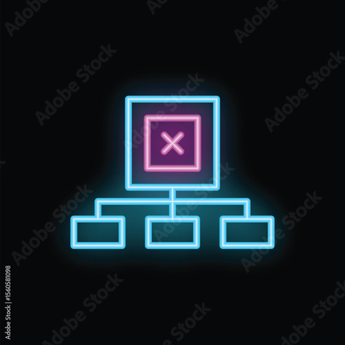 Neon glowing sign of a computer network with a disconnected server on a black brick wall background