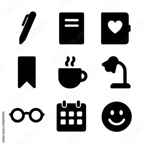 Introspection Icons Set. Solid, filled icon set of introspection journal elements: pen, paper, diary, bookmark, coffee cup, lamp,