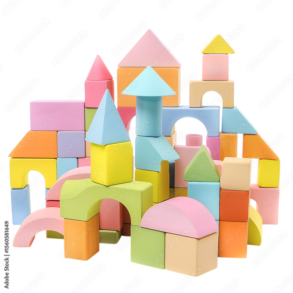 Fototapeta premium Colorful wooden building blocks castle construction for children isolated on transparent background