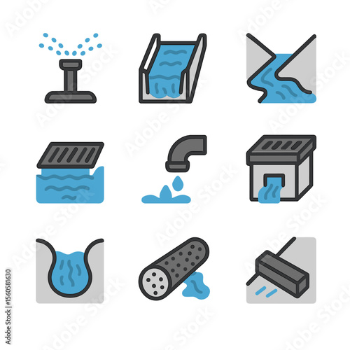 Irrigation Icon Set. Flat icon set of irrigation and runoff: sprinkler head, irrigation channel, runnel flow, drainage grate,