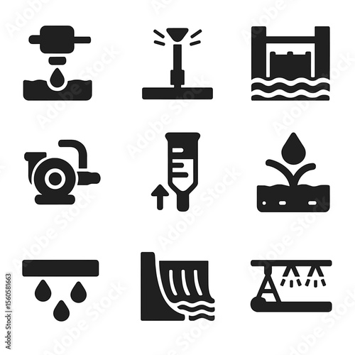 Irrigation System Icons. Solid, Filled icon set of irrigation systems: drip emitter, sprinkler head, canal gate, water pump, rain