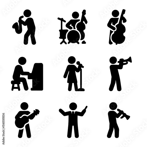 Jazz Band Icons. Solid, filled icon set of jazz band members: saxophonist, drummer, bassist, pianist, vocalist, trumpeter,