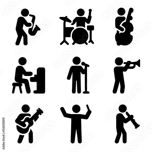 Jazz Band Icons. Solid, filled icon set of jazz band members: saxophonist, drummer, bassist, pianist, vocalist, trumpeter,