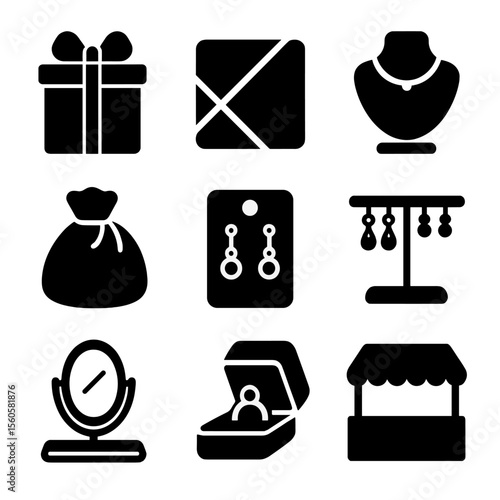 Jewelry Icon Grid. Solid, filled icon set of jewelry gifting and display: gift box, ribbon wrap, display bust, pouch bag, jewelry