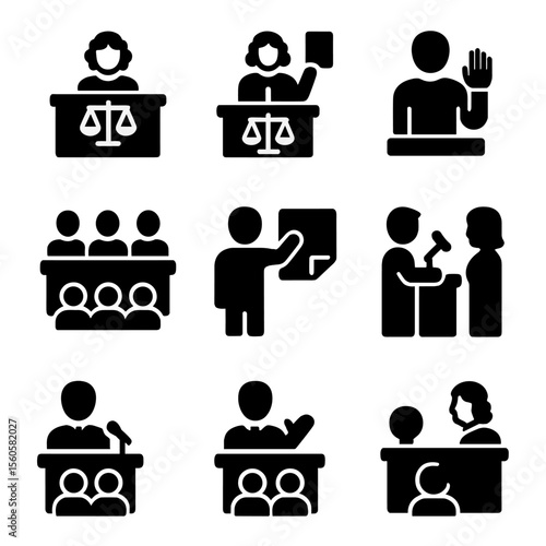 Judicial Procedures Icons. Solid, filled icon set of judicial procedures: court hearing, verdict announcement, oath taking, jury