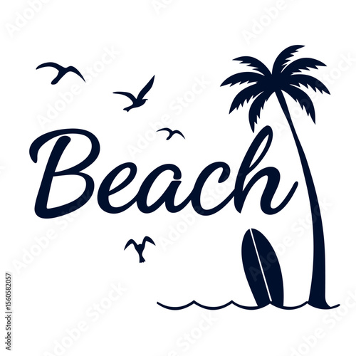 Coastal Paradise Tropical Beach Scene with Palm Tree and Surfboard