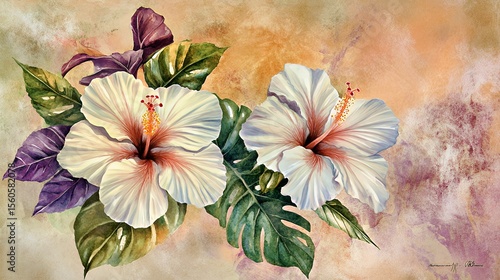 Beautiful white hibiscus flowers with detailed petals and lush green leaves.