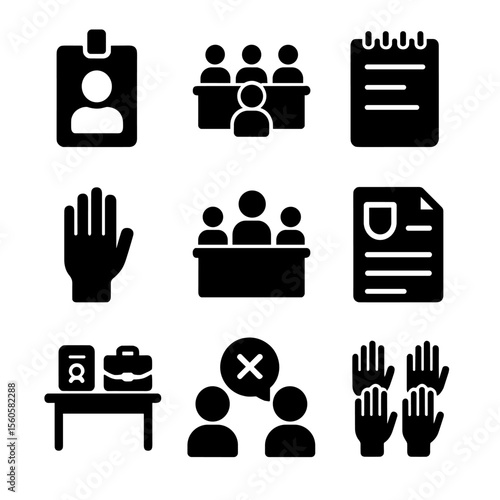 Jury Trial Icon Set. Solid, filled icon set of jury trial elements: jury badge, deliberation room, notepad, raised hand,