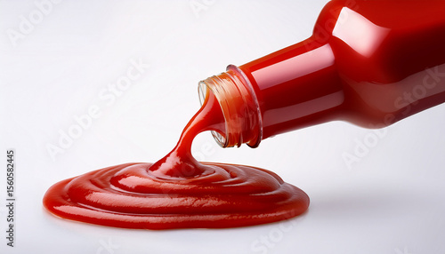 realistic stream of ketchup pouring from bottle with thick glossy texture on isolated background tomato sauce for food packaging and design