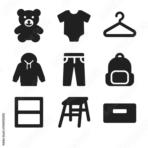 Kids Closet Icons. Solid, filled icon set of kids and adults shared closet: teddy bear, onesie, mini hanger, hoodie, jeans,