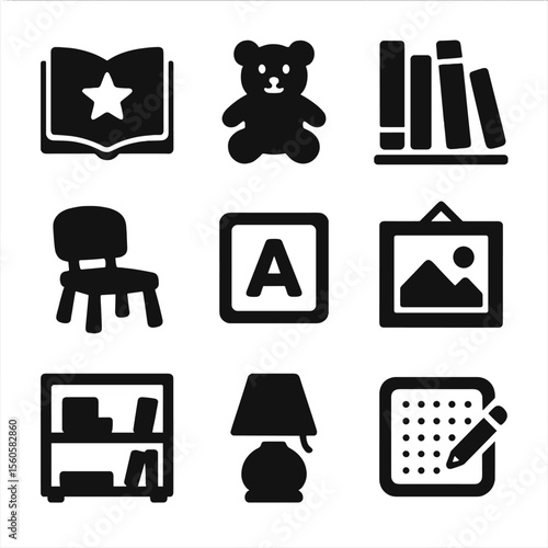 Kids Bookshelf Icons. Solid, filled icon set of kids bookshelf corner: storybook, plush toy, colored books, child chair, alphabet