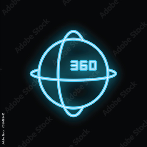 Blue neon icon representing a 360 degrees rotating sphere, suggesting concepts such as virtual reality, augmented reality, and immersive experiences