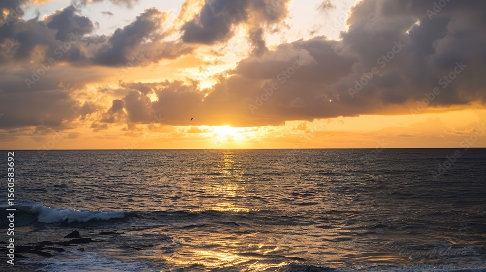 Fototapeta premium Stormy Cloudy Ocean Sunset with Dramatic Cumulonimbus Clouds and Turquoise Waves, Overcast Seascape Featuring Amber Glow Through Cloud Breaks and Empty Horizon