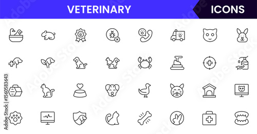 Veterinary vector web line icon collection, clean illustrations of pet care, medical tools, and animal health for compassionate designs.