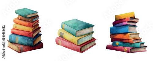 Watercolor stacks of books png. Various books stacked in a column painted with watercolor. Concept for libraries, schools, etc. Cute stacks of books. Vector illustration.