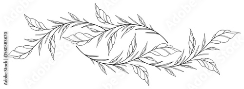 floral leaves line art isolated on white background. Divider doodle leaf and flowers, nature border decorative element vector illustration