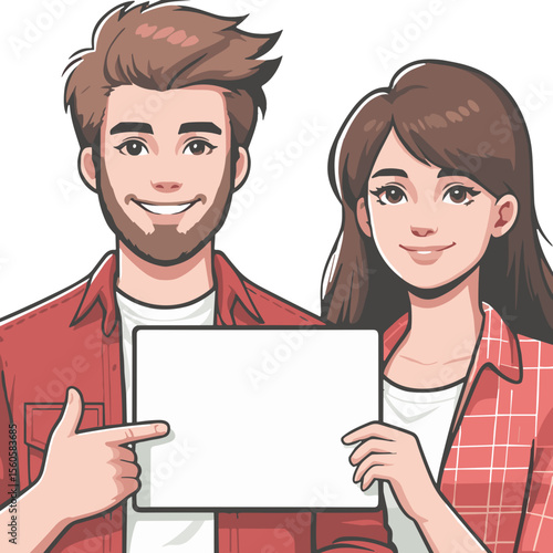 Smiling cartoon couple holding and pointing at blank sign, casual style, light tones, communication and advertising concept with space to copy