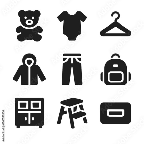 Kids Closet Icons. Solid, filled icon set of kids and adults shared closet: teddy bear, onesie, mini hanger, hoodie, jeans,