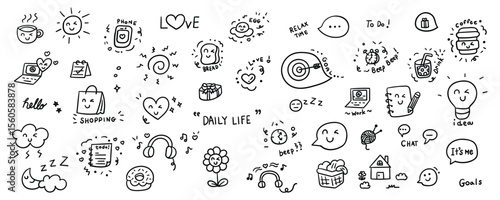 Hand drawn daily routine element line doodle concept set. Illustration vector design.