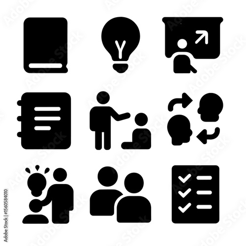 Knowledge Sharing Icons. Solid, filled icon set of knowledge sharing: book, lightbulb, presentation screen, notebook, teacher,