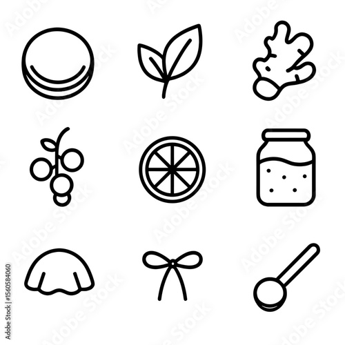 Kombucha Flavor Icons. Outline icon set of kombucha flavor infusions: SCOBY disc, tea leaf, ginger root, berry cluster, citrus