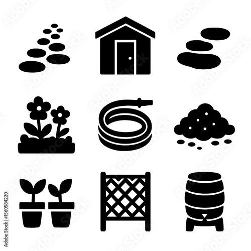 Landscaping Icon Set. Solid, filled icon set of landscaping around a shed: gravel path, stepping stones, flower bed, garden hose,