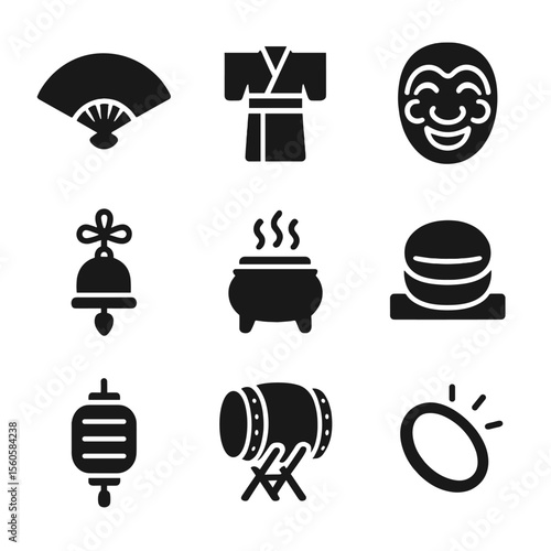 Lantern Festival Icons. Solid, filled icon set of lantern festival accessories: hand fan, traditional robe, festival mask, bell