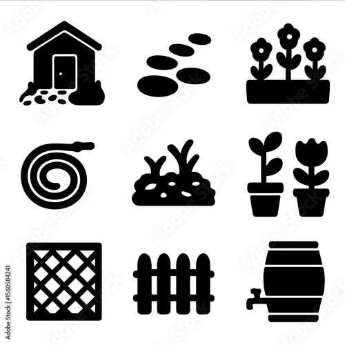 Landscaping Icon Set. Solid, filled icon set of landscaping around a shed: gravel path, stepping stones, flower bed, garden hose,