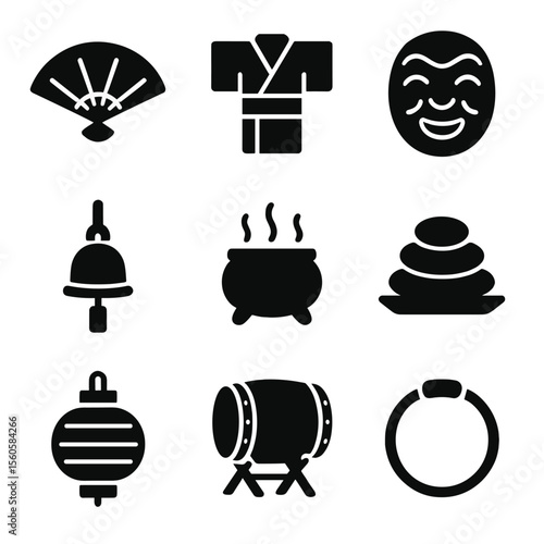 Lantern Festival Icons. Solid, filled icon set of lantern festival accessories: hand fan, traditional robe, festival mask, bell