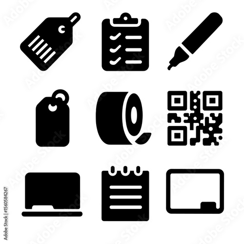 Laundry Icon Set. Solid, filled icon set of laundry labeling and tracking: barcode tag, checklist board, permanent marker, clip