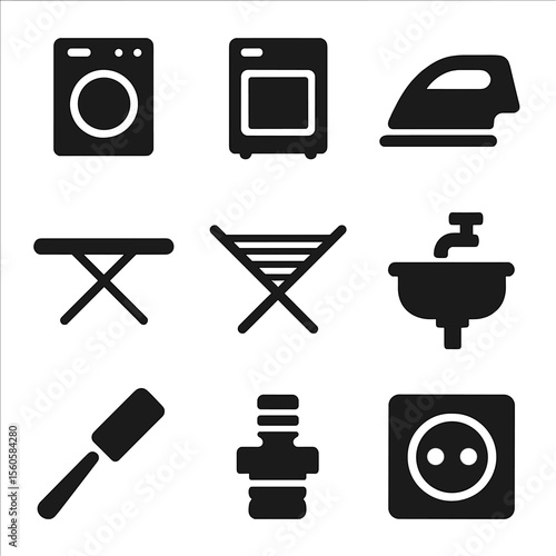 Laundry Equipment Icons. Solid, filled icon set of laundry equipment: washing machine, dryer, iron, ironing board, drying rack,
