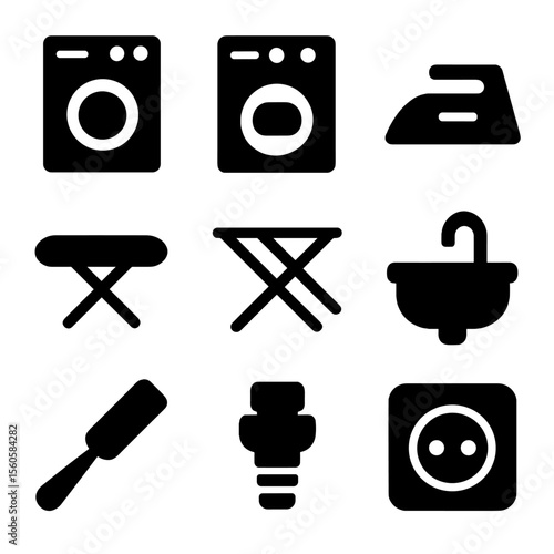 Laundry Equipment Icons. Solid, filled icon set of laundry equipment: washing machine, dryer, iron, ironing board, drying rack,