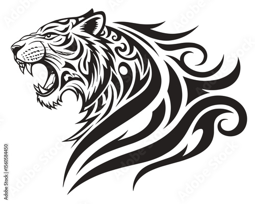 Tribal tiger head illustration in black and white, tattoo style, power and wild nature concept