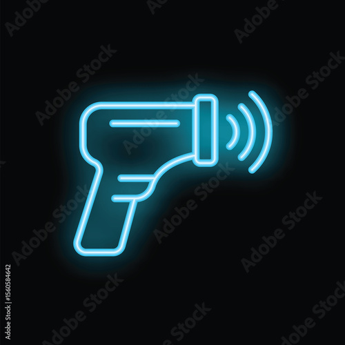 Blue neon icon of an infrared thermometer sending a signal on a black background