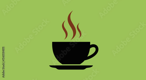 Black coffee cup with steam on a light green background, minimalist style, copy space