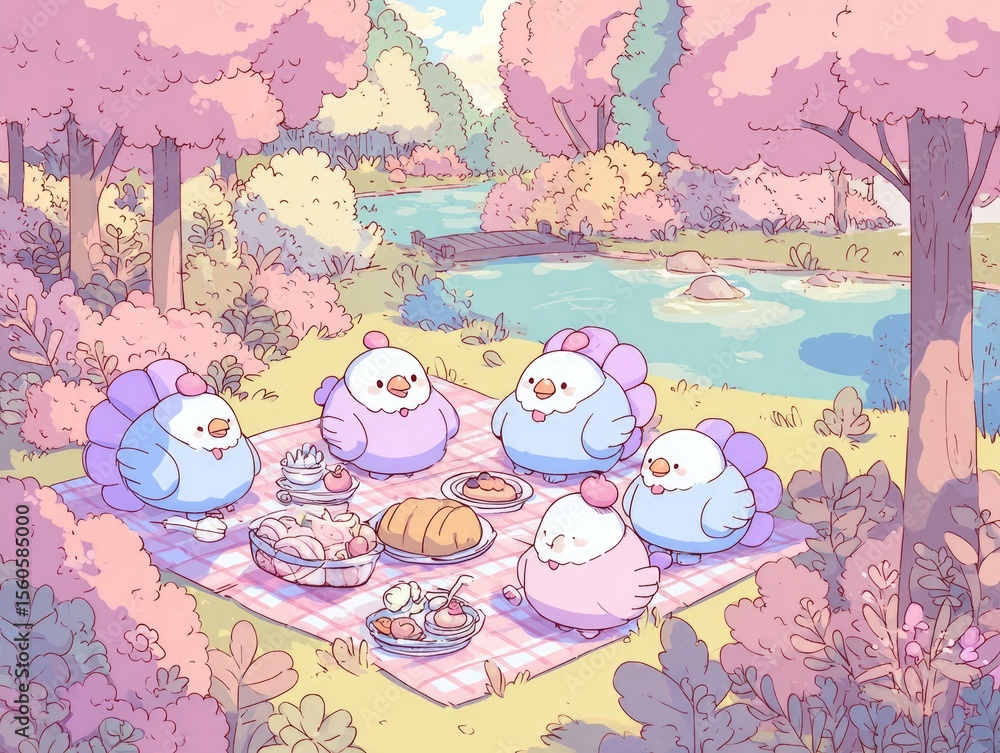 A cute cartoon scene of turkeys having a picnic in the park, pastel colors, kawaii aesthetic