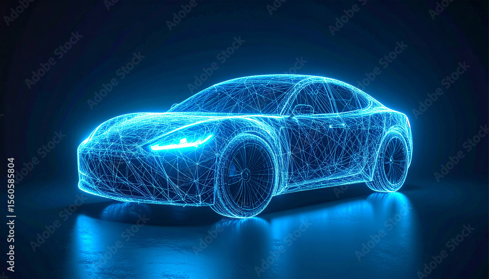Naklejka premium High-tech neon blue sports car made of glowing lines in a dark digital space. Concept of advanced automotive design.