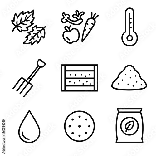 Leaf Composting Icons. Outline icon set of leaf composting process: brown leaves, green scraps, compost thermometer, turning